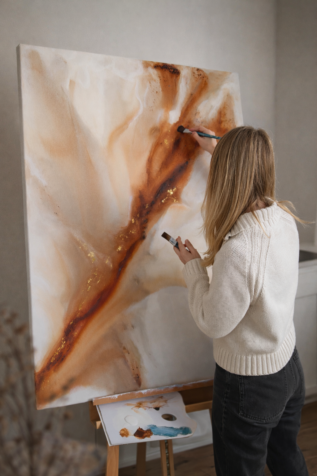Slow Life – Abstraktes Acrylbild warm-golden als elegante Wanddekoration, Künstlerin Merima