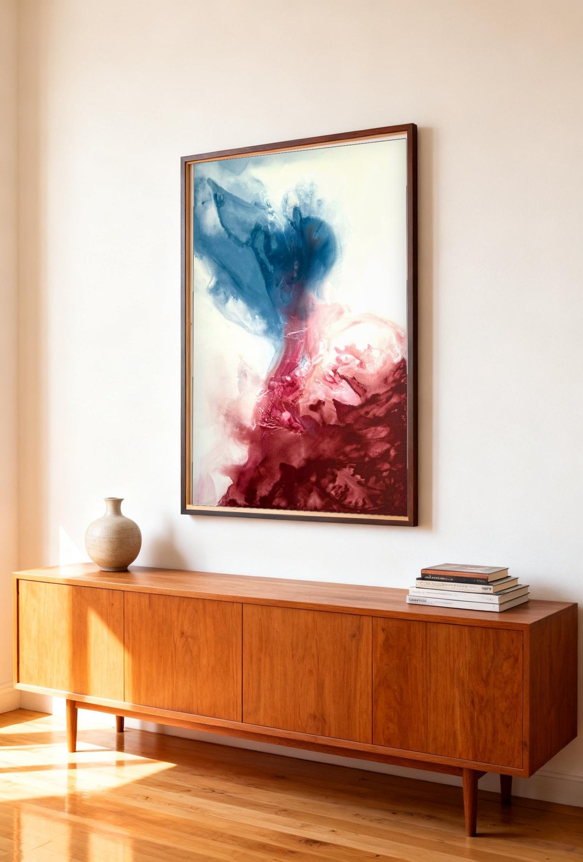 Deep Encounter – abstraktes Gemälde über einem Holz-Sideboard, Raumansicht