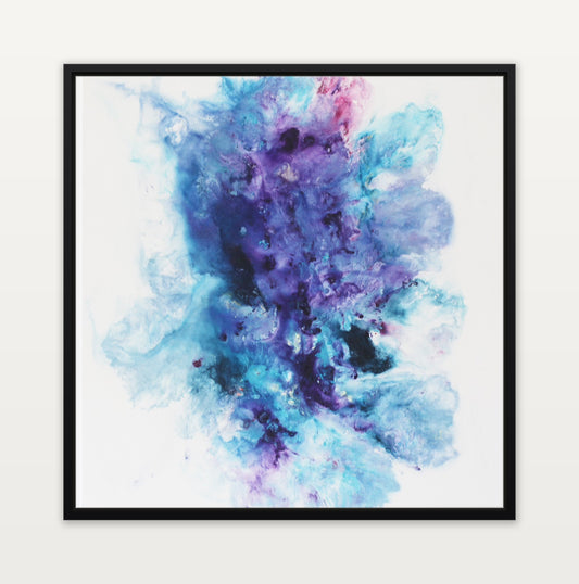 Delight – abstraktes Gemälde 80 x 80 cm im schmalen schwarzen Schattenfugenrahmen, Frontalansicht