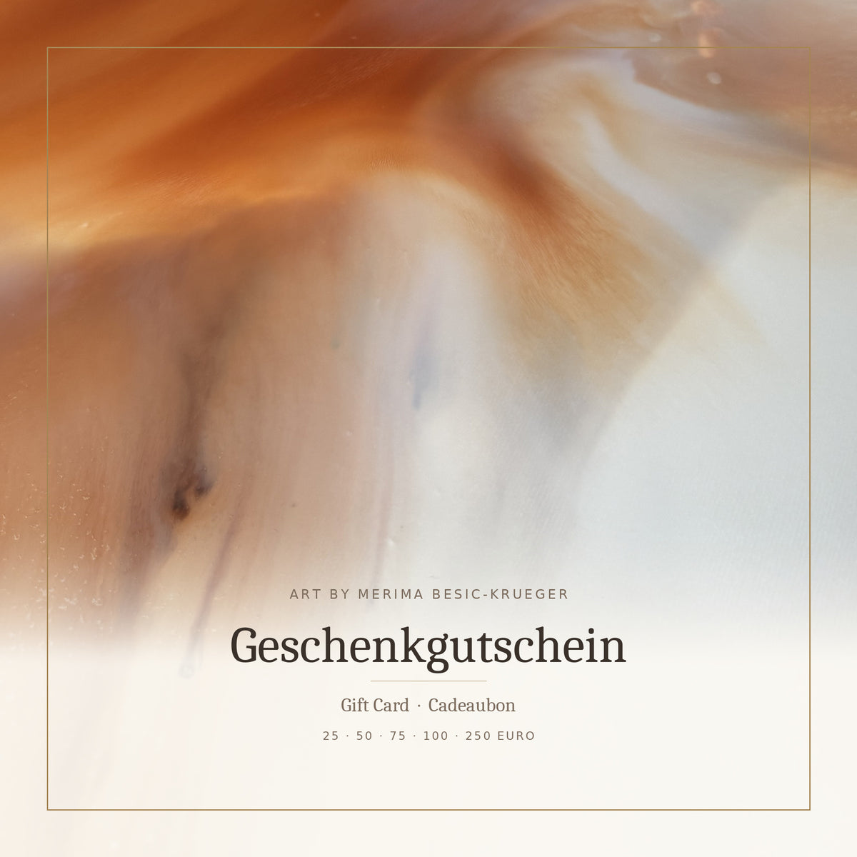 Gift card from Art by Merima Besic-Krueger – warm amber and gold tones of an abstract original painting with a fine gold border
