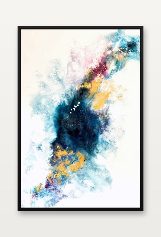 Golden Horizon – abstraktes Acrylgemälde 80 × 120 cm von Merima Besic-Krüger, schmaler schwarzer Schattenfugenrahmen