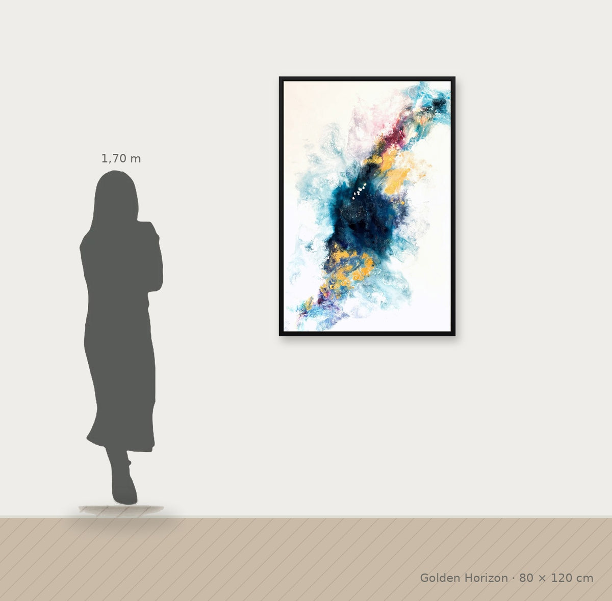 Golden Horizon – Größenvergleich 80 × 120 cm mit Person (1,70 m)