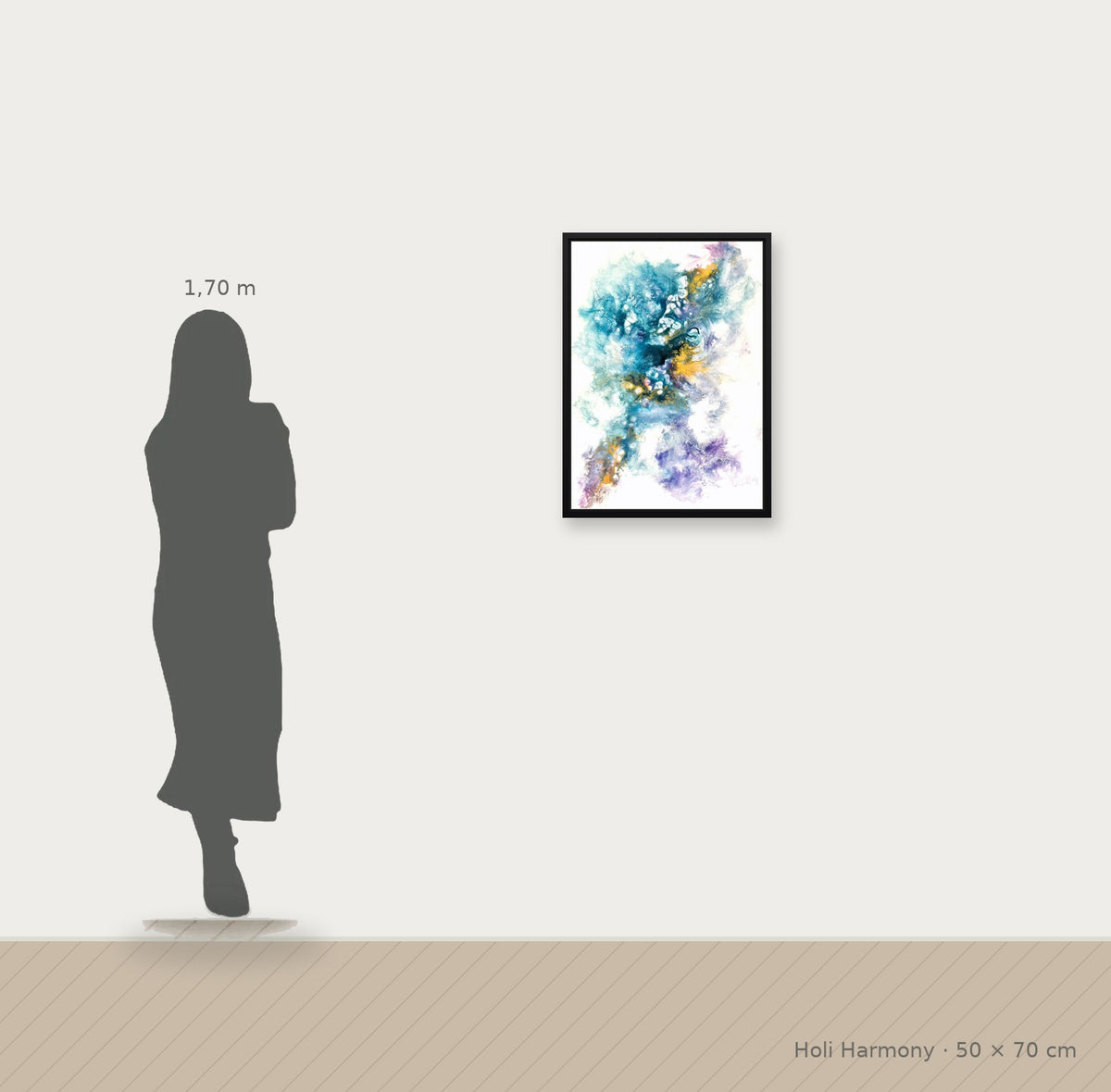 Holi Harmony – Größenvergleich 50 × 70 cm mit Person (1,70 m)