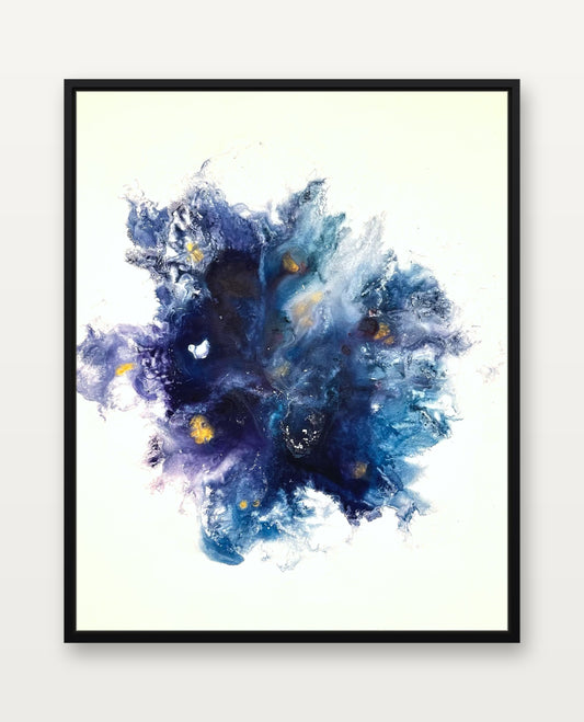 Hortensia Magic – abstraktes Gemälde 80 x 100 cm im schmalen schwarzen Schattenfugenrahmen, Frontalansicht
