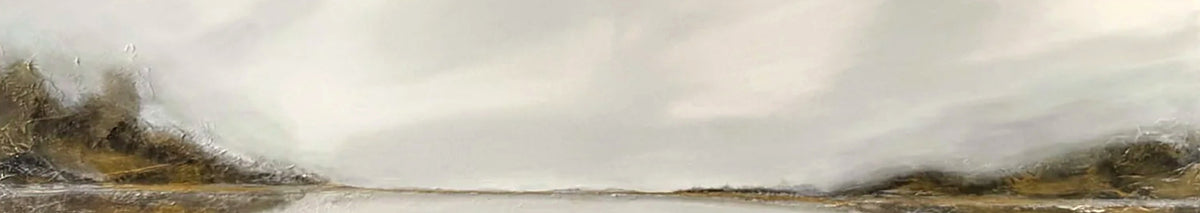 Detail of the painting A Moment: bright cloudy sky above a shoreline