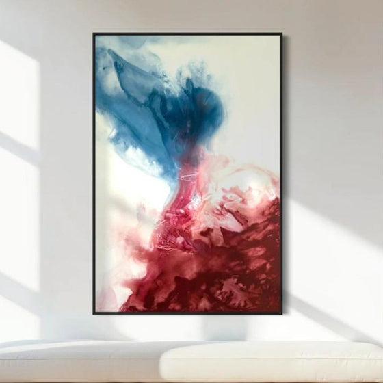 Painting Deep Encounter in blue and red on a light wall