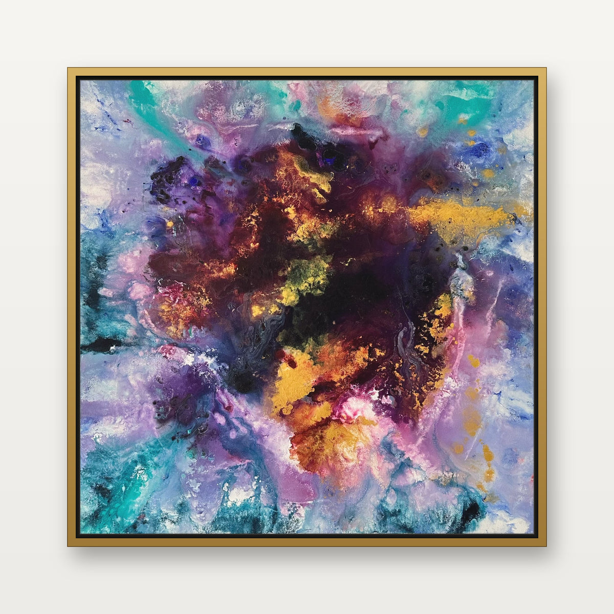 Mysterious Gate – abstraktes Gemälde 80 x 80 cm im schmalen Gold-Schattenfugenrahmen, Frontalansicht