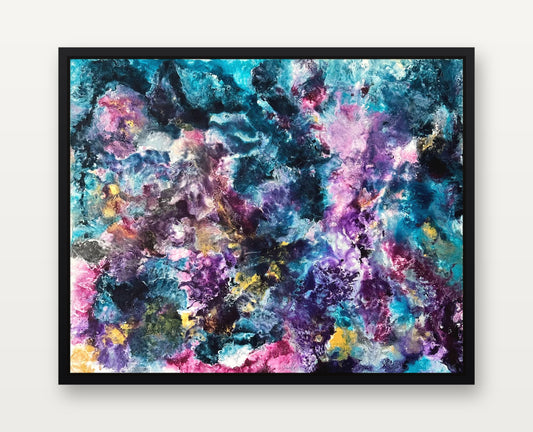 Shimmering Melody – abstraktes Acrylgemälde 100 × 80 cm von Merima Besic-Krüger, schwarzer Schattenfugenrahmen