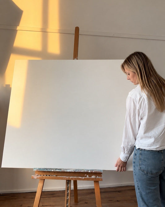 Merima Besic-Krüger vor einer leeren Leinwand im Atelier in Strijp-S, Eindhoven – Workshop Abstrakt malen